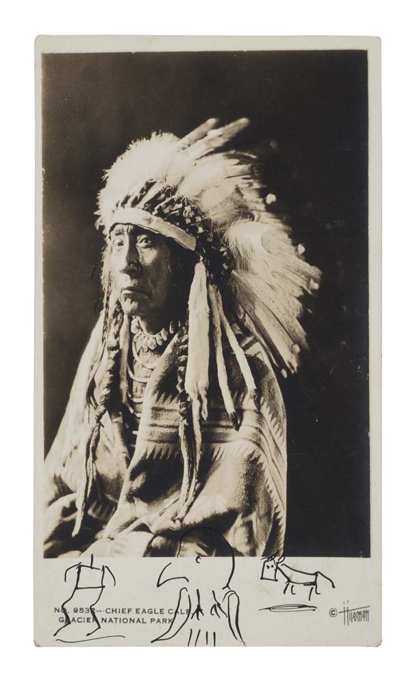 (INDIANS.) Nice group of 3 real-photo postcards Signed pictographically by Indian Chiefs Two Guns White Calf, Eagle Calf and Berry Chil